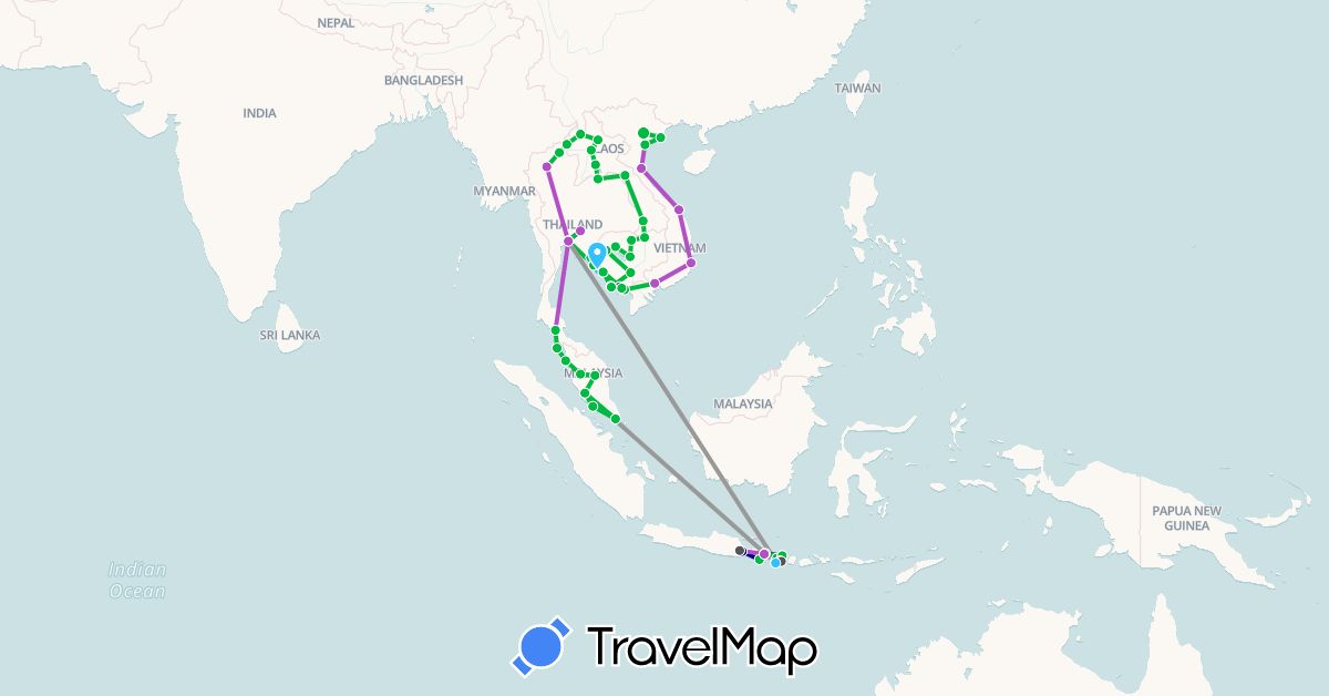 TravelMap itinerary: driving, bus, plane, train, boat, motorbike in Indonesia, Cambodia, Laos, Malaysia, Singapore, Thailand, Vietnam (Asia)